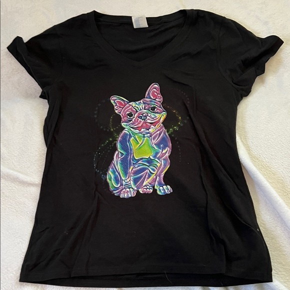 Port and Company Tops - Colorful Frenchie Graphic Black T-Shirt (Ladies M)